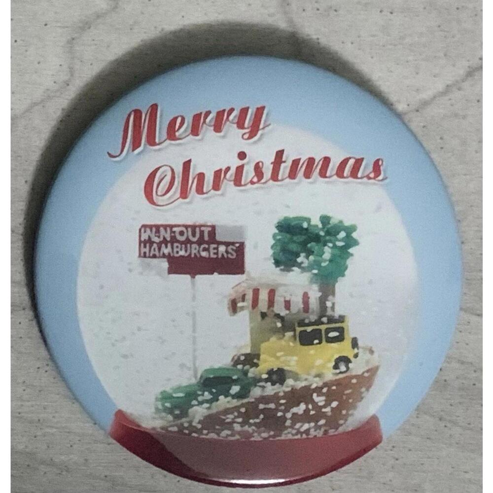 In N Out Burger Merry Christmas Holiday Yellow Green Old Cars Pin Pinback Button